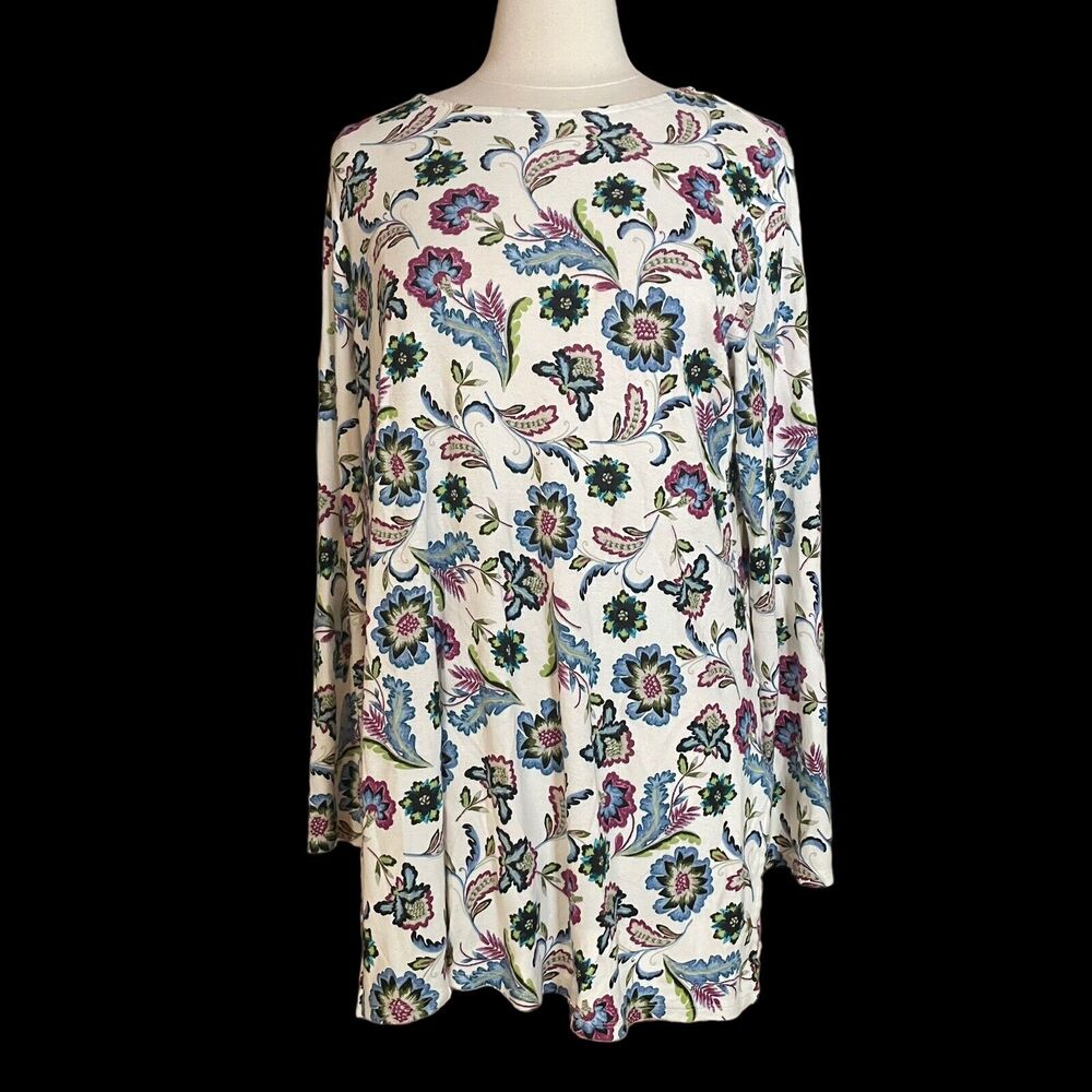 J.Jill Perfect Pima Sz L Super Soft Magenta Black Blue Floral Print Tunic Top